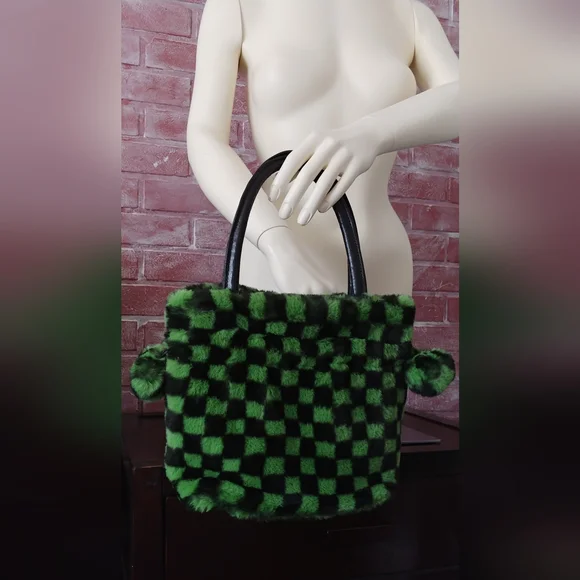 Jayley Collection Faux Fur Bag Purse Handbag Black & Green Checkered - Picture 2 of 11